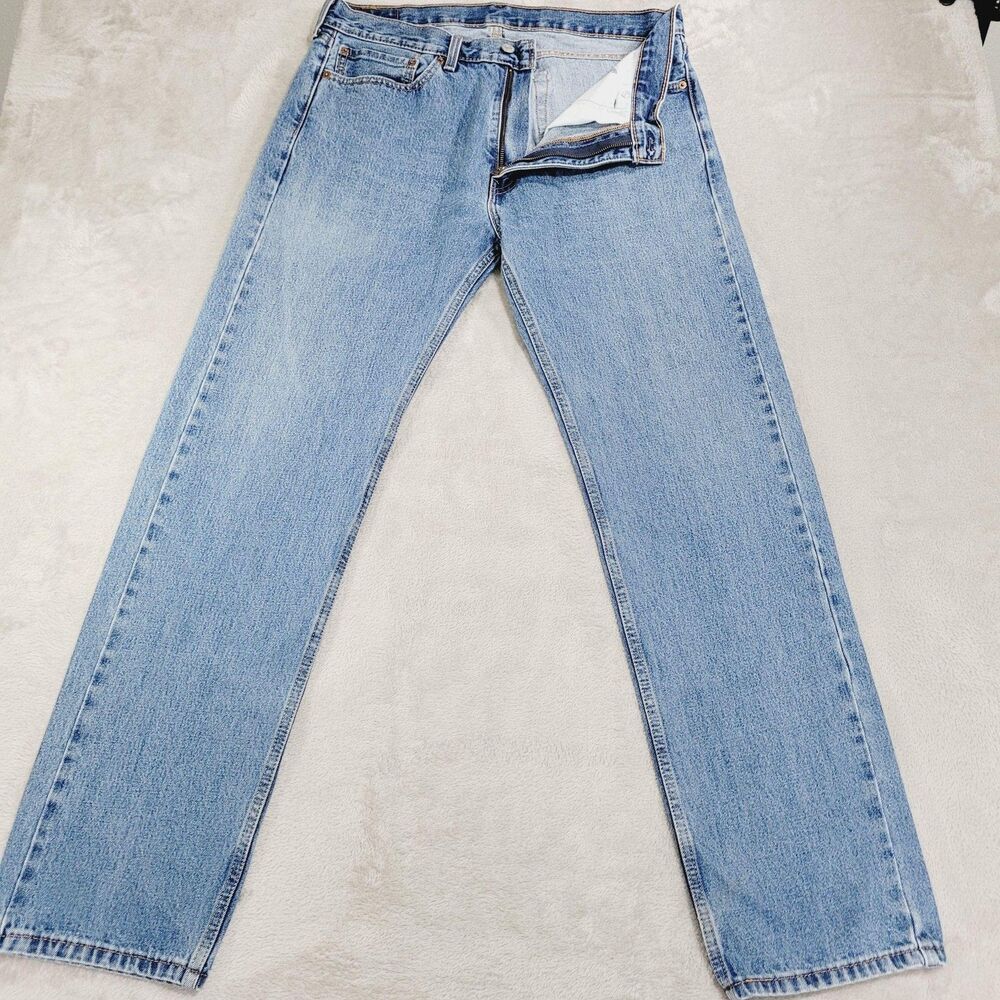 Levi's 505 Jeans Mens 36x34 Blue Light Wash Straight Zip Fly Denim Cotton